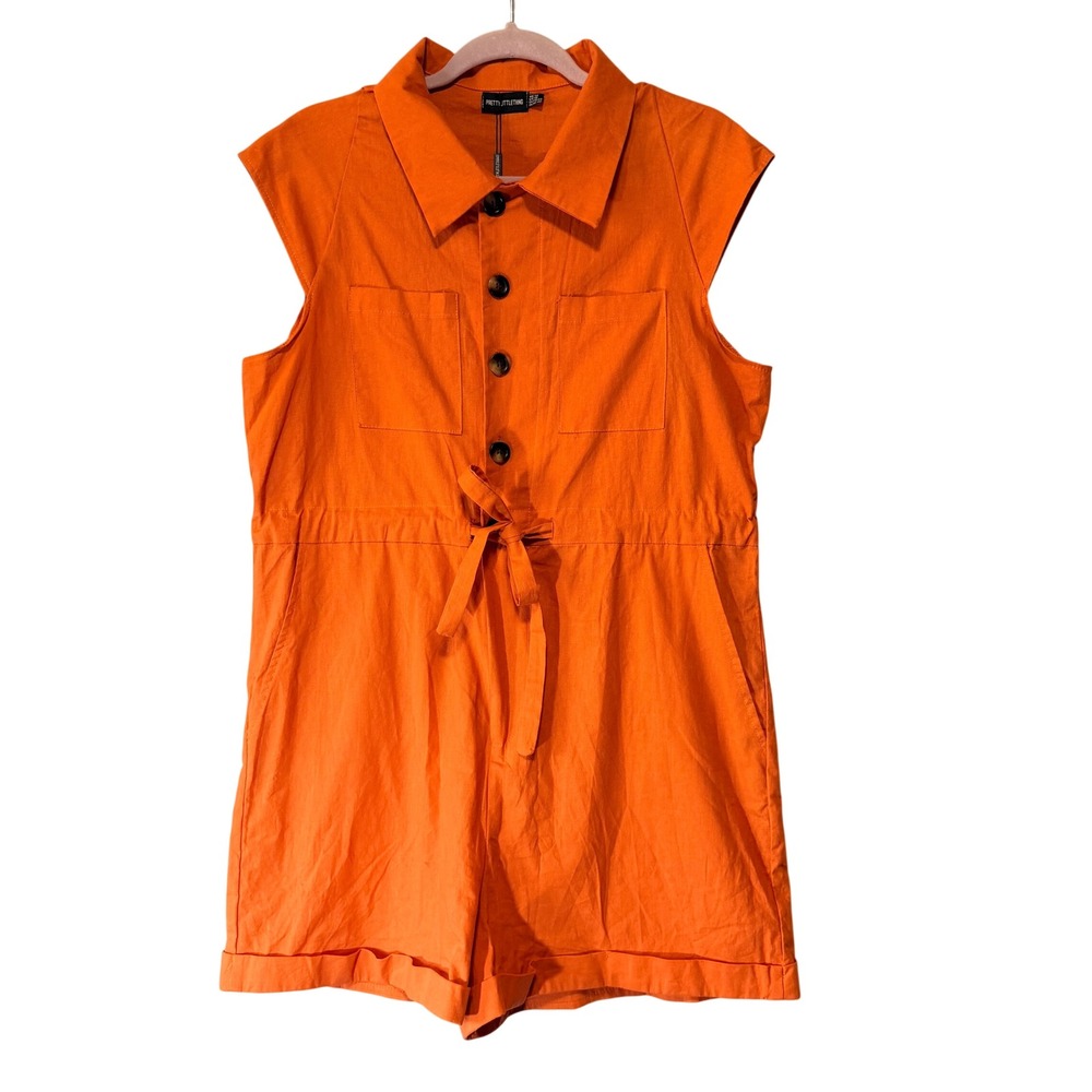 PrettyLittleThing Orange Cotton Button Front Utility Romper Size 10 NEW